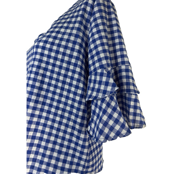 Cottage feminine Boutique White Birch Double Bell Sleeve Gingham Plaid Top Sz M - Picture 2 of 6